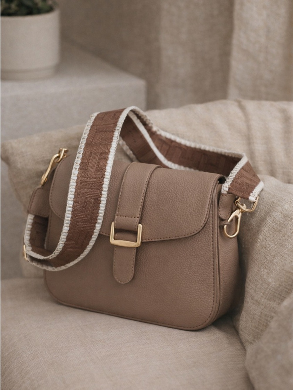 Adjustable Crossbody Bag Strap Brown & Cream | Gold Hardware